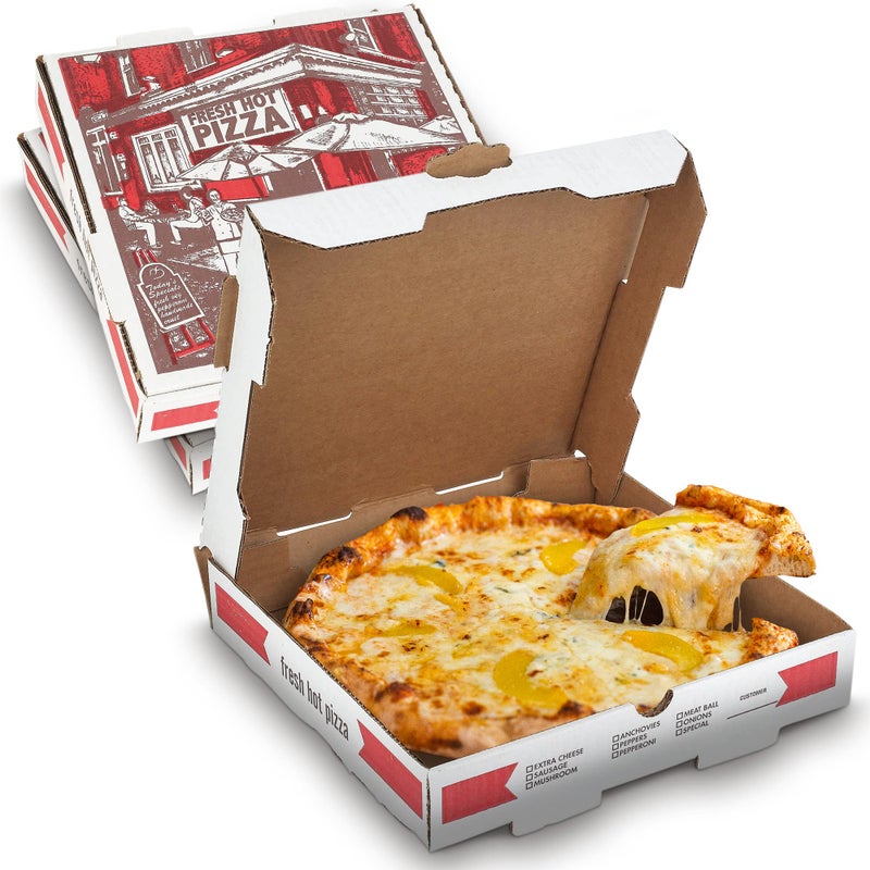 MT Products White-Red Cardboard Pizza Boxes 10" x 10" x 1.75" - Depth B-Flute Corrugated Pizza Box - Pack of 10 - Image 1